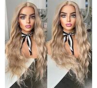 26 Inches Lace Front Wig Natural Looking Long Body Wave Wig Heat Resistant Synthetic Hair Wigs Ash Blonde 18inches-Lace Front