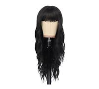 26 Inches Long Wavy Wigs With Thick Bangs,Curly Hair Synthetic Wave Heat Resistant Fiber Daily Use Adds Volume(Black)