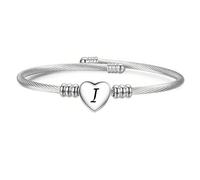 26 Initial Bangles for Women Silver Bangles Bracelet Letter Alphabet A-Z Cuff Bracelets Adjustable Jewellery Gift for Daughter Niece Sister Christmas Birthday Gifts Silver Heart Bangle (I)