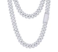 (26) Jewelco London Men's Rhodium Silver Round CZ Encrusted Square Curb 10mm Chain Necklace - ABB201