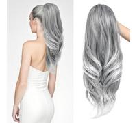 26" Layered Ponytail Extensions Invisible Drawstring Long Straight Fake Pony Tail Natural Soft Clip in Hairpiece Synthetic Heat Resistant (Ombre Grey)