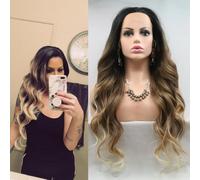 26" Long Body Wave Wig Dark Roots Ombre Brown Blonde with Tips Synthetic Lace Front Wigs for Women 3 Tone Color Heat Resistant Daily Party Natural Blonde Ombre Flaxen Wigs