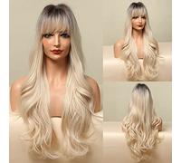 26" Long Ombre Blond Wigs with Bangs for Women, Natural Wavy Wigs with Dark Roots Synthetic Wig Heat Resistant Hair for Daily Party Cosplay