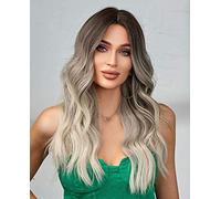 26" Long Wavy Ombre Black Platinum Blonde Wigs for Women, Middle Part Curly Synthetic Wig for Daily Party Cosplay