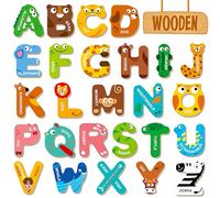 26 Magnetic Wooden Letters, Cute Animal Alphabet ABC Wood Magnets for Fridge Colorful Uppercase Animals Toys Set Educational Spelling Learning Games for Kids, Toddlers 3 4 5 Years Old