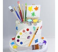 26 Pcs Art Cake Topper Paint Cake Decorations Painting Cake Toppers include Paint Pen Brush Painting Bucket Palette for Kids Birthday Baby Shower Art Themed Party Cake Decoration Supplies