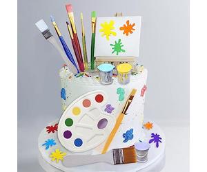 26 Pcs Art Cake Topper Paint Cake Decorations Painting Cake Toppers include Paint Pen Brush Painting Bucket Palette for Kids Birthday Baby Shower Art Themed Party Cake Decoration Supplies