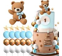26 PCS Bear Cake Decoration, Teddy Bear Cake Decorations Mini Balls Cake Toppers, Teddy Bear Cupcake Toppers Blue Gold White Foam Balloon Pearl Ball for Baby Shower Birthday Party Supplies