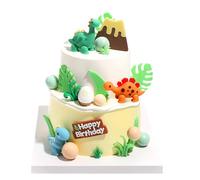 26 PCS Cartoon Dinosaur Cake Toppers, Cute Dino Egg Leaves Grass Volcano Cake Decorations for Kids Birthday Baby Shower Party Supplies