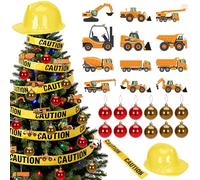 26 Pcs Christmas Tree Construction Truck Ornaments Set, Wooden Construction Excavator Vehicle Crafts, Red and Gold Christmas Tree Hanging Balls Baubles with Cap and Tape for Xmas Party Holiday Decor