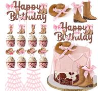 26 PCS Cowgirl Bows Cake Decorations Hatand Cake Boot Toppers for Western Theme Birthday Baby Shower Cowgirl Party Supplies