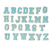 26 Pcs Iron On Letters A to Z, Blue Cotton Letter Patches with Gold Glitter Border, Embroidered Clothing Patches for DIY Decor, Sew or Iron On for Shirts Bags Jeans Hats