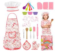 26 PCS Kids Chef Set, Apron Hat Mitten Set, Kitchen Utensil Real Cooking Set for Children, Chef Costume Role Play Set for Girls Aged 3 and above