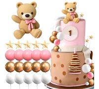 26 PCS Teddy Bear Cake Decoration, Bear Cake Decorations Mini Balls Cake Toppers, Teddy Bear Cupcake Toppers Pink Gold White Foam Balloon Pearl Ball for Baby Shower Birthday Party Supplies