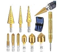 26-Piece Woodworking Drill Bit Set - High-Speed Steel Countersink, Step, and Chamfer Bits with Automatic Center Punch & Hex Wrench for Precision Drilling in Wood, PVC, Aluminum, Iron (10 Piece Set)