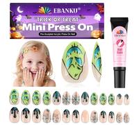 26 Pieces Halloween Press on Nails for Kids, EBANKU Kid Fake Nail Kit Green Spider Web Nightmare Press on Nails for Girls 7-12 Years with Nail Glue