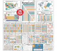 26 Set of 50 Boho Educational Posters for Kids - Alphabet Chart, Multiplication Division Chart, USA World Map, Periodic Table, Sight Words, Homeschool Posters, Boho Classroom Decor - Laminated 17x11