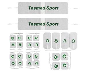 26 TESMED TOP EQUIPMENT electrodes, the best range for best results: 20 50x50 electrodes + 4 50x100 electrodes + 2 giant Tesmed Sport bands