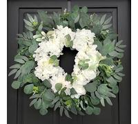 26" White Hydrangea Eucalyptus Wreath for Front Door - Large Artificial Dahlia Rose Wreath for Wedding Decor, Year-Round Modern Farmhouse Wall Hanging, All-Season Faux Floral Wreath