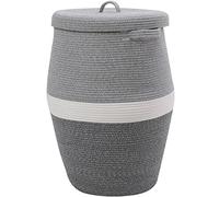 26"x20" Extra Large Tall Woven Laundry Basket with Lid, Cotton Rope Blanket Storage Basket, Freestanding Decorative Bin for Bedroom Living Room, Dual Grey