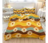 260 x 220 cm Duvet Cover Set, Reversible Flowers Daisies Waves Printed Bedding with Soft-Touch Fabric and Modern Minimalist Inspired Design, Yellow And Brown