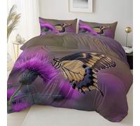 260 x 220 cm Printed Duvet Cover Sets, Purple Reversible Soft Easy Care Anti-Allergy Microfiber Bedding Sets - Minimalism,Butterflies Purple Wildflowers Theme Quilt Cover for Adolescents Bedroom