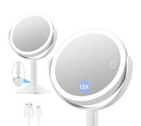 2600mAh Rechargeable Lighted Makeup Mirror, 15X/1X Magnifying Double-Sided LED Vanity Mirror with Lights, 3 Color Lights, 360° Rotatable Bathroom Mirror with Touch Screen Dimmable, Gift for Women