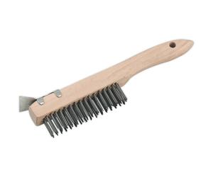 260mm Engineers Wooden Wire Brush with Scraper - Steel Fill - Rust Removal