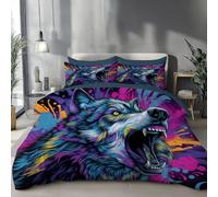 260x220cm Bedding Set Howling Wolf Adults Soft Microfiber Fluffy Breathable Duvet Cover Set Watercolor Animal Bedding Sets with 2 Pillowcases, Purple