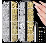 2640Pcs 3D Flatback Nail Art Charms, Gold & Silver Multi Shapes Mixed Sizes Sparkly Star Gems and Small Round Caviar Beads, Mini Craft Decoration Accessories include Tweezers and Pick-up Pencil