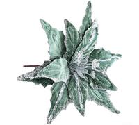26cm Christmas Flocked Velvet Poinsettia Flower with Glitter Highlights for Holiday Decorations (Green)