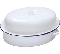 26cm Falcon Enamel Oval Roaster Dish Roasting Oven Baking Tray Tin Casserole Pan Self Basting with Lid Houseware (White with Blue Rim)