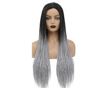 26inch Knotless Box Braided Wigs for Black Women, Glueless Double Full Lace Front Human Hair Blended Hand Braid Wig with Hairs(1B Gray Color)
