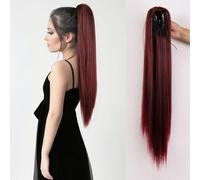 26inch Long Thick Straight Ponytail Hairpiece Invisible Claw Clip in Ponytail Extension Nature Synthetic High Ponytail Wig (Wine Red)