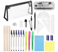 26pcs Back To School Stationery Set, Clear Pencil Case With Stationery Included, Exam Essentials Supplies Set With Graphite Pencils, 3 Highlighter, 6 Ballpoint Pen, 2 Eraser, Compass, Pencil Case