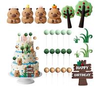 26Pcs Capybara Cake Topper, Jungle-Themed Birthday Cake Decorations Set with Trees, Grass and Colourful Balls