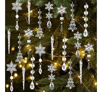 26PCS Christmas Tree Ornaments Acrylic Crystal Hanging Pendant, Snowflake Icicles Hanging Christmas Ornaments Clear Teardrop Curtain Prism Decorations for Xmas New Year Winter Outdoor Indoor Decor