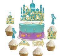 Wootkey 26Pcs Glitter Princess Cake Topper Set with Lake Blue Castle Gold Happy Birthday Cake Toppers Jasmine Crown Cupcake Topper for Arabian Princess Birthday Baby Shower Costume Summer Party Decor