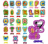 26PCS Kids Lacing Cards, 26 Double Sided Uppercase Sewing Cards with 26 Colorful Laces, Imagination Development Lacing Toys Games for Children Educational and Learning Activity