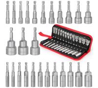 26pcs Nut Driver Set Magnetic Deep Drill Sockets Bits in Bag 1/4" Hex Shank | 14pc Magnet Hexagon Socket Shallow 12pcs Long Bolts Fasteners Nut Setter Runner 6 7 8 9 10 11 12 13 14 15 16 17 18 19 mm