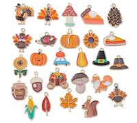 26pcs Thanksgiving Fall Charms, Pumpkin Carriage, Squirrel, Turkey, Maple Leaf Pendants & Charms for Earrings, Bracelets, Holiday Decorations