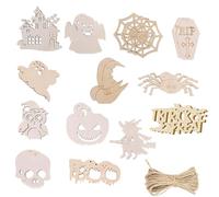 26pcs Wooden Halloween Cutout Ornaments Unfinished Blank Wood Craft Ornaments,Pumpkin Ghost Bat Witch Shapes Hanging Halloween Tags for Halloween Decoration DIY Crafts