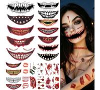 26sheets Halloween Prank-Makeup Temporary Tattoos - Halloween Clown Big Mouth Face Teeth Tattoo Sticker Multiple Sizes for Adults Kids, Zombie Vampire Cosplay Party Fack Scary Blood Horror Prank Props