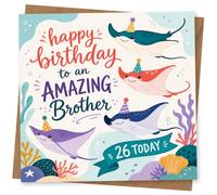 26th Birthday Card for Amazing Brother, Cute Party Design | Blank inside for your own message; premium 360gsm card with matching envelope, designed and printed in the UK