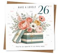 26th Birthday Card for Her, Floral Gift Box Bouquet | Celebrate her 26th with a striped gift box bursting with flowers, confetti dots and the words “Have a lovely 26th”.