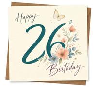 26th Birthday Card for Her, Florals, Butterfly & Script Text | Celebrate her 26th with soft floral artwork, a delicate butterfly and stylish script text on a light background.