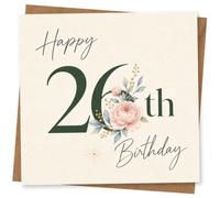 26th Birthday Card for Her, Green, Blush Peony | Front reads “Happy 26th Birthday” in handwritten script, with a dark green 26 and blush peony blooms with blue-grey leaves.