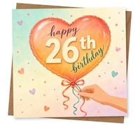 26th Birthday Card for Her, Heart Balloon, Handwritten Style | Handwritten-style “happy 26th birthday” on a heart balloon, with pastel confetti dots for her 26th celebration.