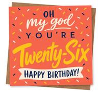 26th Birthday Card for Her, 'Oh My God You're Twenty-Six' | Bright coral card with sprinkle confetti and big brush-lettered “Twenty-Six”; cheeky message for her 26th birthday.