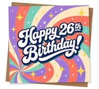 26th Birthday Card for Her, Retro Rainbow Swirl & Stars | Celebrate her 26th with a bold “Happy 26th Birthday!” message on a bright retro rainbow swirl with stars.